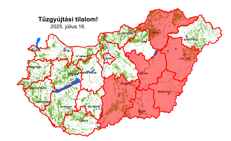 Aktuális tűzgyújtási tilalom térkép (2025.07.15)